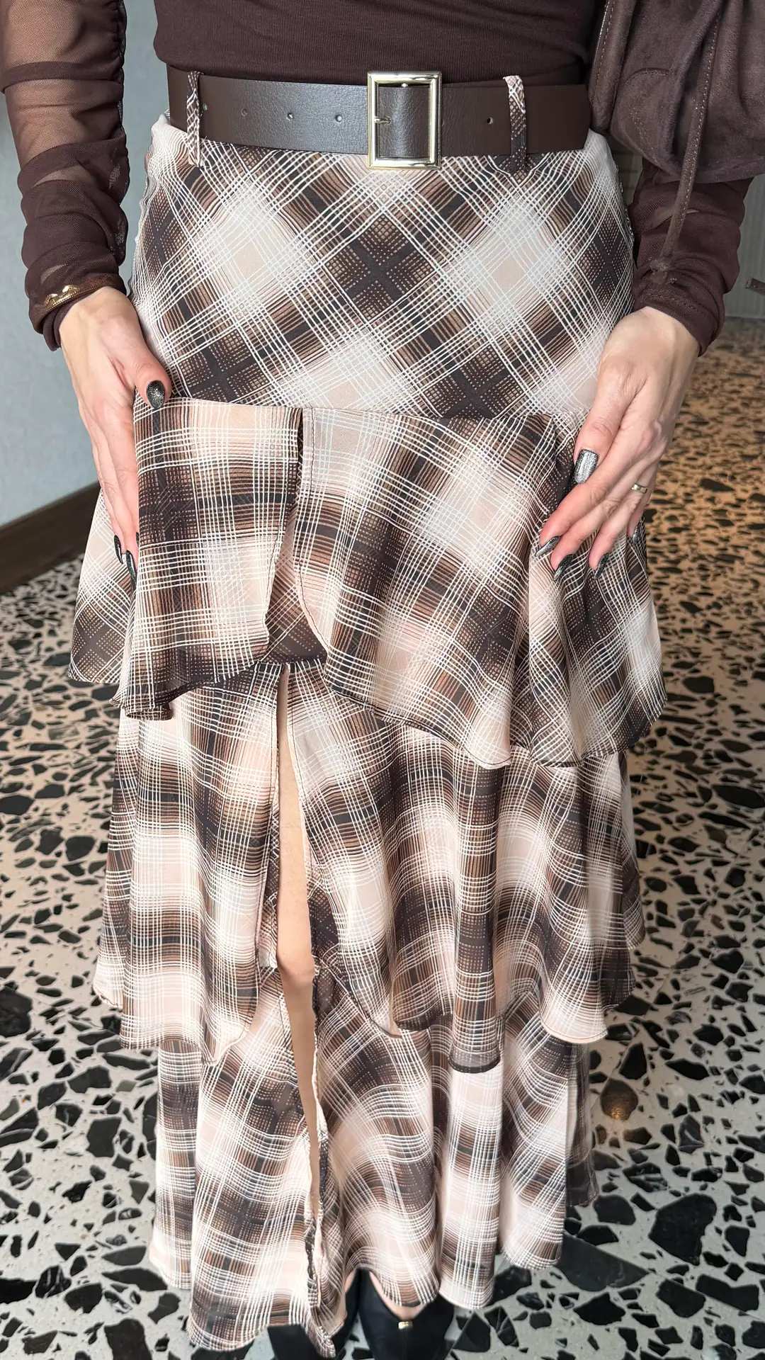 Juna Kahverengi Kemerli Önü Yırtmaçlı Astarlı Şifon Etek