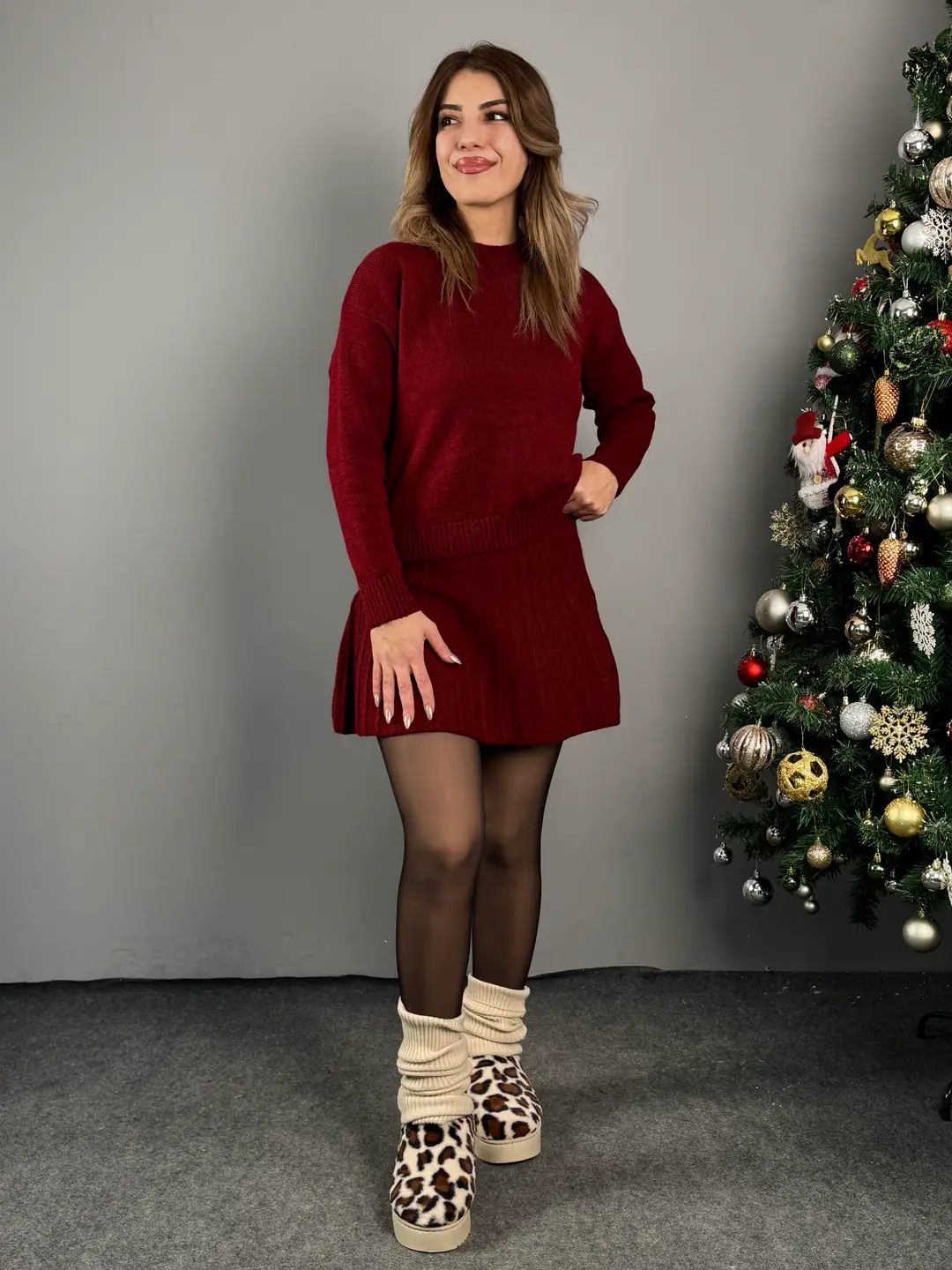 Sary Bordo Bisiklet Yaka Etekli Triko Takım